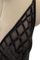 Minimalist 1990s Richard Tyler Velvet & Chiffon Lattice Front Black Silk Dress