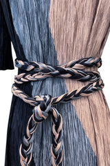 1980s Mary McFadden Couture Blue & Deep Dusky Pink Pleated Dress w Extra Long Braided Belt