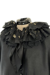 Fabulous 1970s Valentino Black Silk Cropped Pants & Black Silk Top Set w Gold Detailed Ruffled Collar