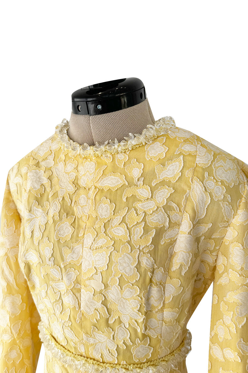 Prettiest 1960s Yves Saint Laurent Stoffler Fabrics Yellow Brocade Dress w Clear Beads