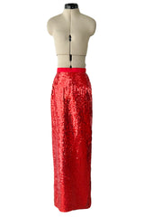Bright Red 1980s Balenciaga Le Dix Sequin Jacket & Skirt Suit w Gold Braiding & Beadwork Detailing