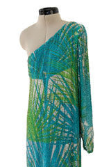 Phenomenal c.1972 La Mendola Hand Beaded Green Printed Caped One Shoulder Silk Jumpsuit