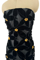 Spectacular 1980s Hubert de Givenchy Haute Couture Velvet Floral Cut Out Dress w Gold Metal Flowers