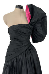Striking 1980s Arnold Scaasi Couture Black Silk Strapless Dress w Pink Lined Half Bow & Shawl