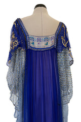 1960s Bloomingdales Label Royal Blue Silk Chiffon & Gold Thread Caftan
