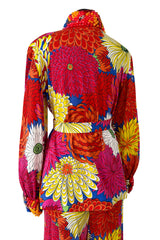 Fabulous 1970s Hanae Mori Bright Floral Print Jersey Pant & Top Set w Beading