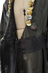 Fabulous 1960s Geoffrey Beene Black Silk Organza Dress w Metallic Gold & Silver Discs & Bead Detail