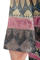 Incredible Fall 1970 Bill Blass Runway Pink Patterned Gold Metallic Thread Dress w Wide Sleeves