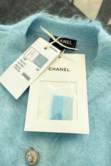Fall 2019 Chanel by Karl Lagerfeld Pastel Baby Blue Knit Jacket w Handmade Snowflake Buttons