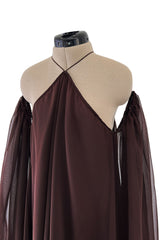Extraordinary 1970s Yuki Brown Chiffon Caftan Dress w Open Shoulders & Incredible Sleeves