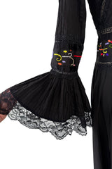 Beautiful 1960s Original Mexican Tourist Black Pin Tuck Dress w Hand Embroidered Flowers