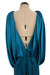Amazing 1980s Bill Blass Bias Cut Deep Teal Silk Dress w Bead Detailing & Draped Low Back