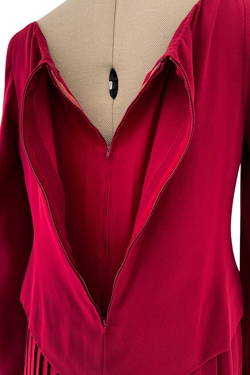 Minimalist 1970s Pierre Balmain Numbered Haute Couture Rich Red Silk Dress w Knife Pleat Detailing