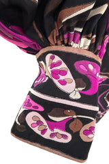 Dreamiest 1970s Emilio Pucci Black Silk Jersey Dress w V Front & Pink Flower Print