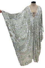 Spectacular 1970s Unlabeled Silver Sequin, Metallic Thread & Faux Pearl Embellished Caftan Dress