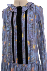 Prettiest 2000s Rochas by Olivier Theyskens Blue Silk Floral Watercolour Dress w Ruffles & Velvet Trim
