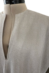 Fantastic 1970s Halston Metallic Silver Lame Lurex Full Length Caftan Dress w Notched Neckline