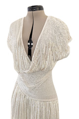 Prettiest 1970s Lillie Rubin Ivory Fully Sequinned & Applied Tube Beads on Silk Chiffon Dress