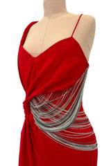 Fabulous 2000s Versace by Donatella Red Crepe Dress w Rhinestone & Silver Chain Detailing