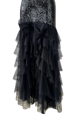 Incredible 1976-1978 Loris Azzaro Strapless Glossy Black Sequin Dress wLayered Net Tulle Skirt