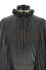 Spectacular 1970s Gina Fratini Metallic Deep Silver Lame Dress w Ruffle Collar & Angel Sleeves