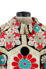Exquisite Fall 1974 Hanae Mori Metallic Gold Brocade 3/4 Sleeve Coat w Pops of Turqoise & Red