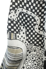 Beautiful & Rare 1970s Thea Porter Balloon Sleeve Grey Toned Printed Top w Pointed Collar