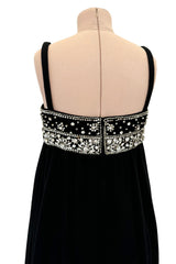 Sophisticated 1960s Donald Brooks Fine Black Wool Crepe Dress w Elaborate Rhinestone Detailing
