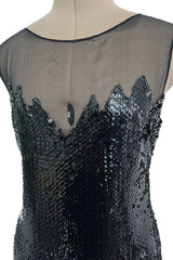 1973 Loris Azzaro Couture Black Flame Sequin Detailing & Feather Light Silk Chiffon Dress