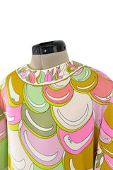 Prettiest 1960s Emilio Pucci Pale Pastel Curving Print Silk Jersey Dress w Contrasting Border