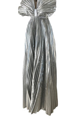 Exceptional 1970s Roland Klein Metallic Silver Lame Pleated Fan Dress w Completely Open Bare Back