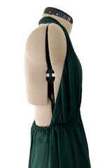 Incredible circa 1973 Halston Couture Green Silk Chiffon Backless & Plunging FrontJumpsuit