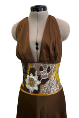 Phenomenal Spring 2005 Original Valentino Runway Look 56 Brown Yellow Floral Print Halter Dress w Sequin Waist Band