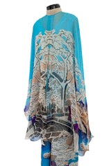Amazing 1970s Hanae Mori Couture Silk Chiffon Scene Print Jumpsuit w Matching Cape Overlay