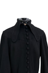 1969 Ossie Clark Bishop Sleeve Black Moss Crepe Dress w Button Front & Dog Ear Collar