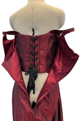 Phenomenal Fall 2000 John Galliano Deep Oxblood Silk Taffeta Corset Dress w Sweeping Skirt Panel