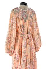 Incredible 1970s Hanae Mori Floral & Butterfly Peach Silk Chiffon Dress w Balloon Sleeves & Beading