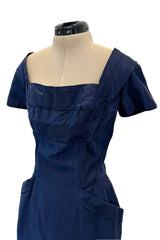 Prettiest 1950s Ceil Chapman Fitted Blue Dress w Hip Pockets & Pleated Bodice Detailing