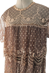 Prettiest 1960s Gold & Taupe Net Lace & Rhinestone Tiered Scalloped Edge Dress
