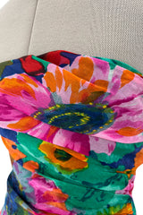 Prettiest Spring 1986 Arnold Scaasi Strapless Bright Floral Print Silk Dress