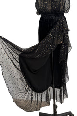 Rare Fall 1978 Yves Saint Laurent Runway Metallic Gold & Black Ruffle Top & Wrap Skirt Set