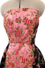 Dreamy 1960s Unlabeled Strapless Black Dress w Front Pink Panel & Floral Embroidery