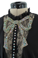 Prettiest 2017 Gucci by Alessandro Michele Black Dress w Lace Sleeves & Iridescent Crystal Bow Detailing