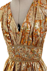 Incredible 1960s Unlabeled Gold Metallic Brocade Pouf Leg Jumpsuit w Gold Cord & Bead Detailing