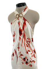 Spectacular Spring 2007 Roberto Cavalli Ivory & Coral Print Bias Cut Silk Dress w Twisted Halter Front & Low Back