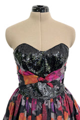 Stunning c 1990 Geoffrey Beene Strapless Sequin Bodice & Floral Silk Taffeta Dress w Shawl