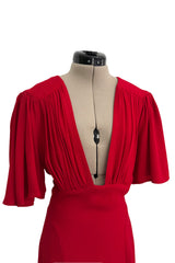 Fantastic Fall 1974 Ossie Clark Runway Documented Red Moss Crepe Dress w Plunging Front & Caped Sleeves