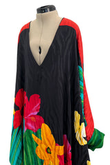 Fabulous 1980s Pauline Trigere Scarf Weight Silk Huge & Brillaint Coloured Floral Printed Caftan Dress