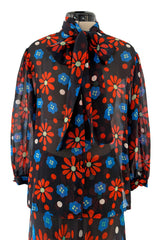 Outstanding Spring 1974 Yves Saint Laurent Floral Print Silk Chiffon Top & Skirt Set