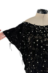 Rare 1980s Jan Faulkner Hand Made Black Suede Cut Out Mini Dress w Pearls & Fringe
